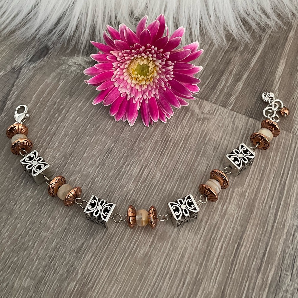 🩷 BRIGHTON Rare Silver and Copper Beaded Link Bracelet Adjustable